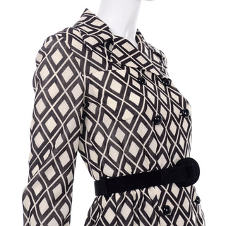 Rare Vintage Valentino 1960s Knit Dress Brown & White Diamond Print w belt