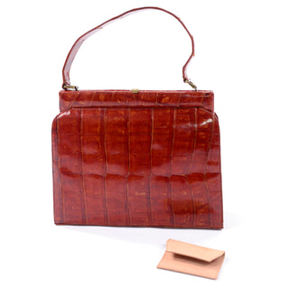 1950s Cognac Crocodile Embossed Leather Handbag satchel bag