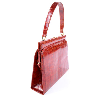 1950s Cognac Crocodile Embossed Leather Handbag tote
