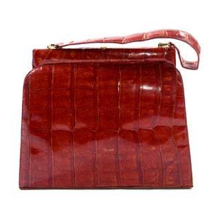 1950s Structured Cognac Crocodile Embossed Leather Handbag