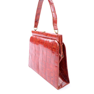 1950s Cognac Crocodile Embossed Leather Handbag satchel
