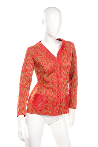 1970's Wavy Striped Metallic Gold & Red Cardigan Sweater