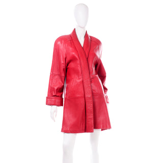 Vintage Cherry Red Leather Coat With Shawl Collar