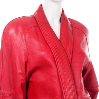 1980s Vintage Red Leather Coat With Shawl Collar w pockets