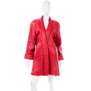 1980s Vintage Red Leather Coat With Shawl Collar