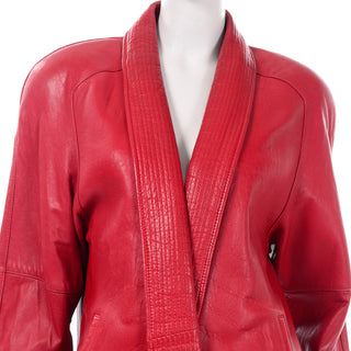 Vintage Red Leather Coat With Shawl Collar side pockets