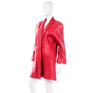 80s Vintage Red Leather Coat With Shawl Collar