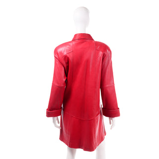 Vintage Red Leather Coat With Shawl Collar and pockets