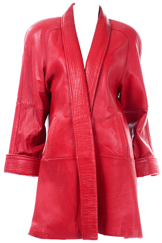 Vintage Red Leather Coat With Shawl Collar
