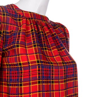 YSL Vintage Yves Saint Laurent Red Plaid Silk Blouse With Pleating 