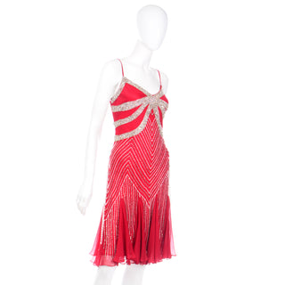20s inspired 1990s Beaded Red Evening Dress W Rhinestones & Handkerchief Hem