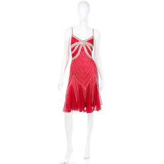 1920s Inspired 1990s Beaded Red Evening Dress W Rhinestones & Handkerchief Hem