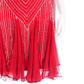 1990s Beaded Red Evening Dress W Rhinestones & Handkerchief Hem Silk Chiffon