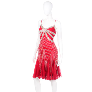 1990s Beaded Red Evening Dress W Rhinestones & Handkerchief Hem & Spaghetti Straps