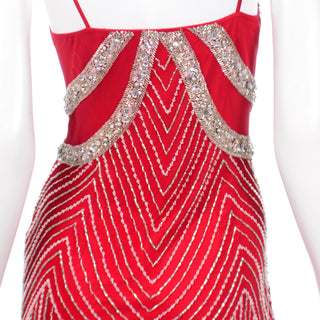 1990s Beaded Red Evening Dress W Rhinestones & Handkerchief Hem bugle beads rhinestones and pearls