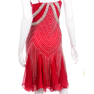 1990s Beaded Red Silk Evening Dress W Rhinestones & Handkerchief Hem 