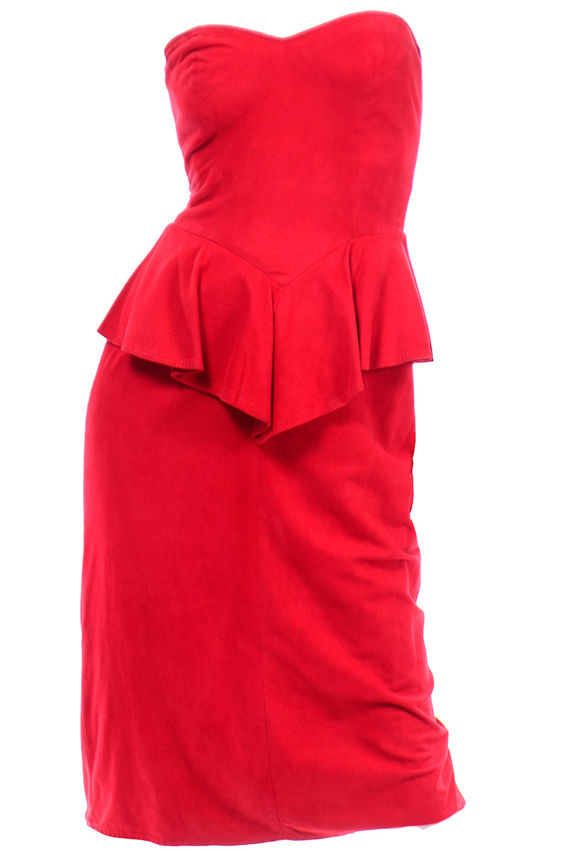 1980s Red Suede Vintage Vakko Strapless Dress with Peplum 1980s Red Suede Vintage Vakko Strapless Dress with Peplum