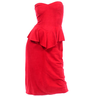 Vintage Vakko Red Suede Strapless Dress With Peplum 1980s cherry red