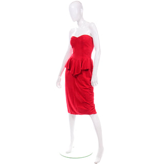 80s Vintage Vakko Red Suede Strapless Dress With Peplum 1980s