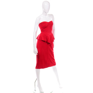 Vintage Vakko Red Suede Strapless Dress With Peplum 80s