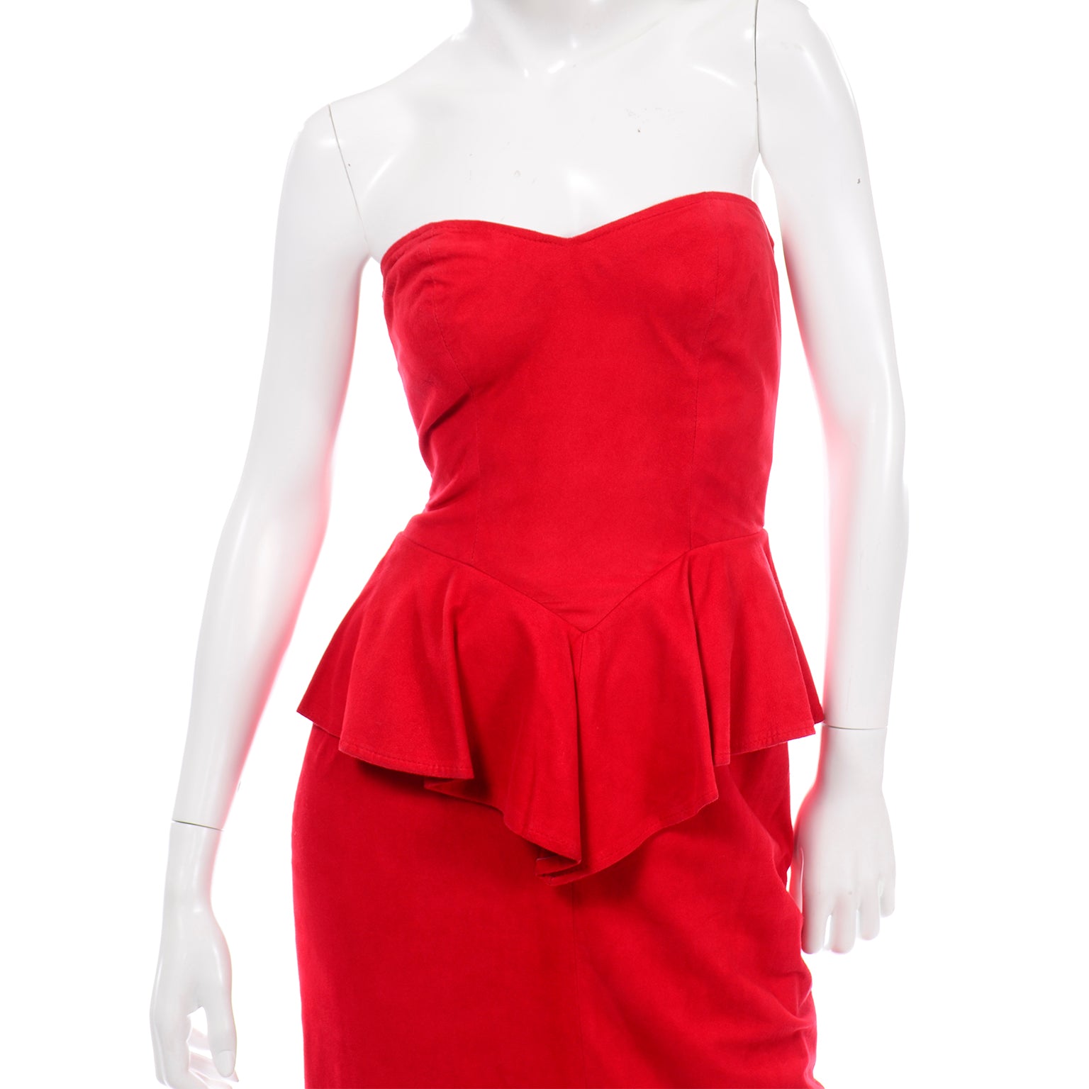 1980s Red Suede Vintage Vakko Strapless Dress with Peplum 1980s Red Suede Vintage Vakko Strapless Dress with Peplum