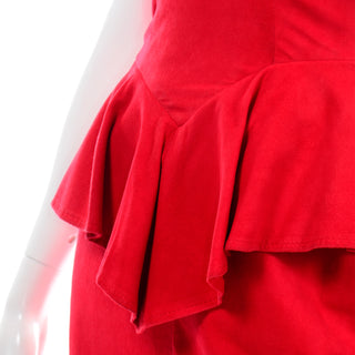 1980s Vintage Vakko Red Suede Strapless Dress W Peplum