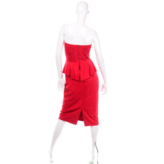 1980s Vintage Vakko Red Suede Strapless Dress With Peplum Sweetheart