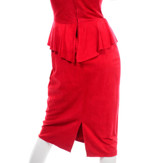 Vintage Vakko Red Suede Strapless Dress With Peplum 1980s 6 or 8