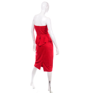 Vintage Vakko Red Suede Strapless Dress With Peplum 1980s