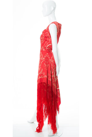 1970s RARE Pauline Trigere Red Silk Fringed Dress With Signature in Fabric - Dressing Vintage