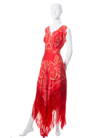 1970s RARE Pauline Trigere Red Silk Fringed Dress With Signature in Fabric - Dressing Vintage