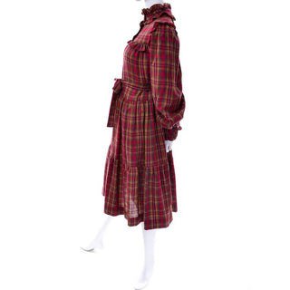 YSL fall 1978 vintage red and mustard plaid long sleeve high neck dress