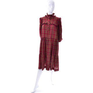 YSL Rive Gauche vintage red and mustard plaid ruffle dress with matching sash or bow