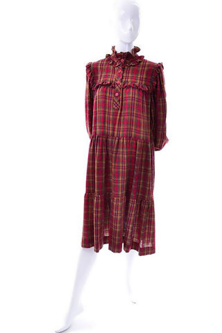 YSL Rive Gauche vintage red and mustard plaid ruffle dress with matching sash or bow