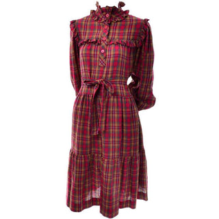 Red and mustard plaid fall vintage dress by Yves Saint Laurent Rive Gauche in the 1970's. 1978