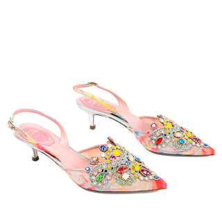 René Caovilla Jeweled Slingback Shoes New w Original Box Pink Floral Size 36.5 Made in Italy