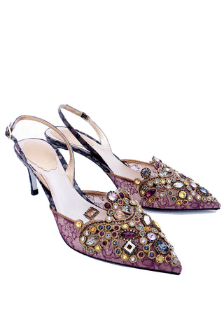 2000s Rene Caovilla Shoes Jeweled Slingback Heels w Purple Lace