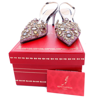 2000s Rene Caovilla Shoes Jeweled Slingback Heels w Purple Lace 6.5