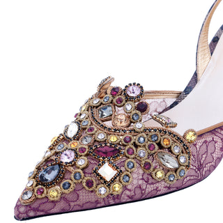 2000s Rene Caovilla Shoes Jeweled Slingback Heels w Purple Lace & Beads
