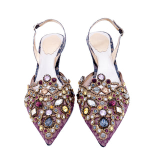 2000s Rene Caovilla Shoes Jeweled Slingback Heels w Purple Lace Size 36 1/2