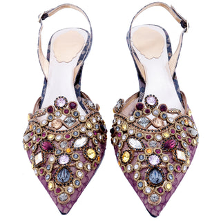 2000s Rene Caovilla Shoes Jeweled Slingback Heels w Purple Lace size 6.5