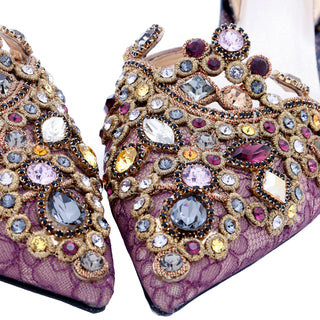 2000s Rene Caovilla Shoes Jeweled Slingback Heels w Purple Lace & Crystals