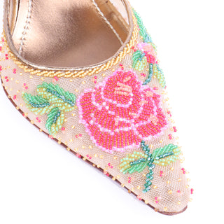 2000s Rene Caovilla Beaded Slingback Shoes with Pink Roses & Heels
