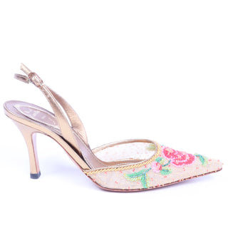 Rene Caovilla Beaded Slingback Shoes with Pink Roses & Heels gold braid