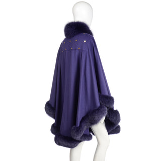 Vintage Revillon Purple Wool Studded  luxurious Cape w Dyed Fox Fur Trim