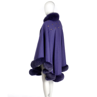 Vintage Revillon Purple Wool Studded Cape w Dyed Fur Trim 1980s