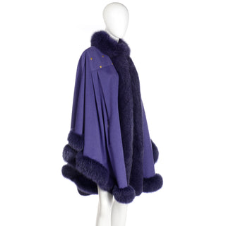 1980s Vintage Revillon Purple Wool Studded Cape w Dyed Fur Trim