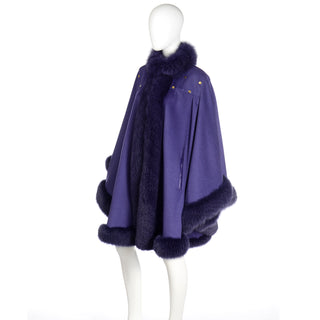 Vintage Revillon Purple Wool Studded Cape w Dyed Fur Trim 80s