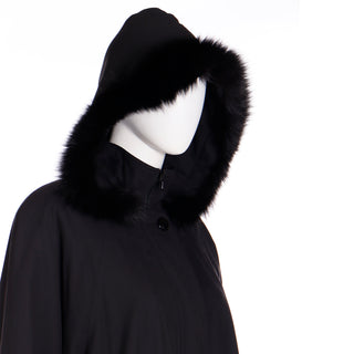 1980s Revillon All Weather Soft Black Coat W Hood &  Fur Lining & Black Fox Fur Trim