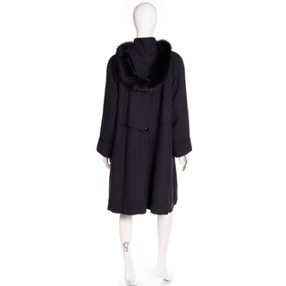 1980s Revillon All Weather Soft Black Coat W Hood &  Fur Lining & Trim M/L